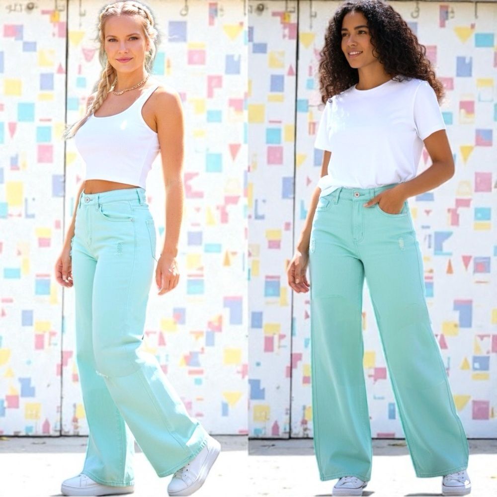 Mint Blue High Rise Distressed Wide Leg Jeans NWT | American Bazi - Picture 6 of 16